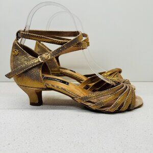 Dance Naturals Shoes Gold Shimmer Kitten Heels Strappy Salsa Latin Swing Sz 36.5